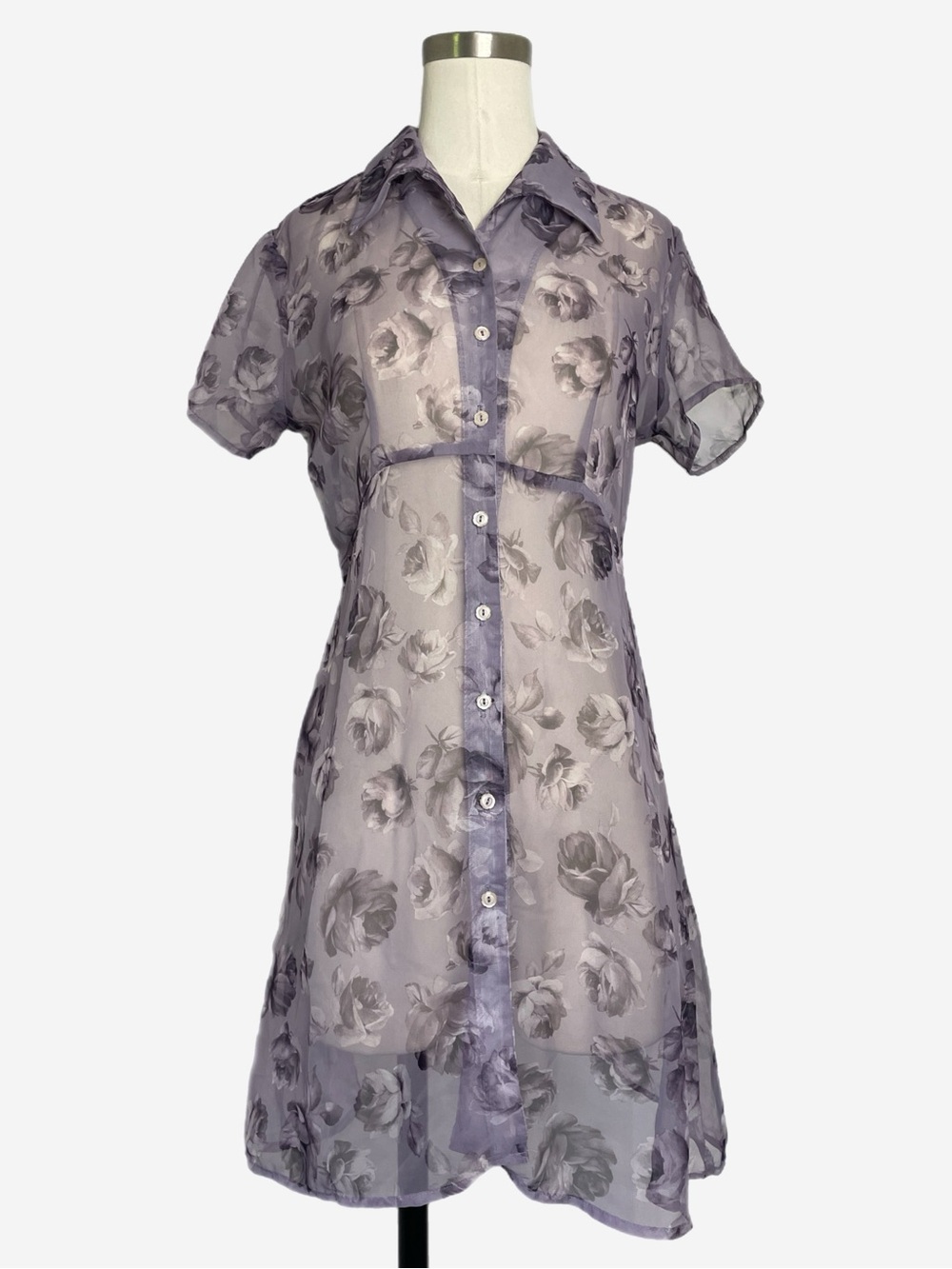 Vintage 90s Charlotte Russe Purple sheer floral button mini dress whimsical XS